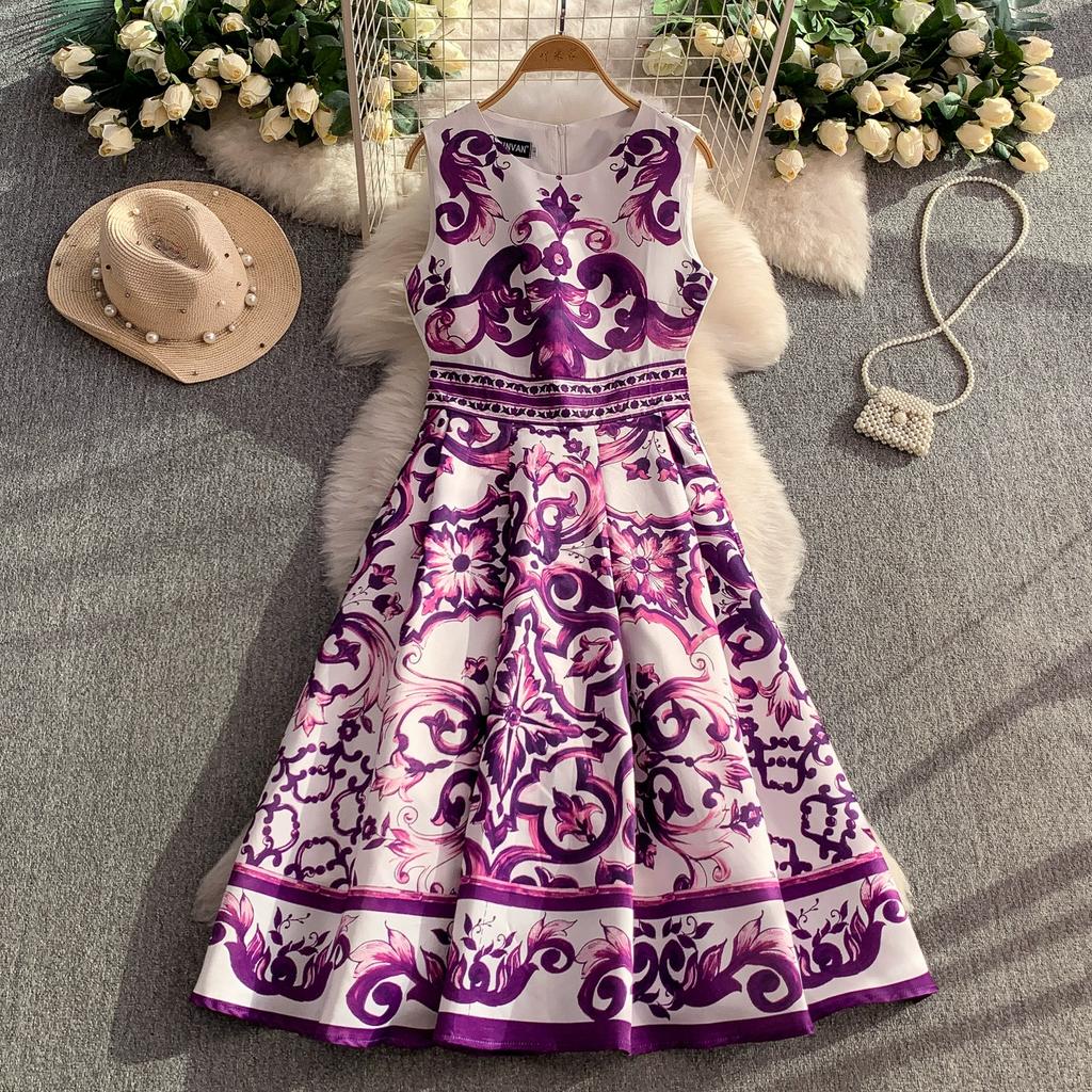 Summer Vintage Designer Print Blue White Porcelain Runway Dress Women Fashion Sleeveless Tank Midi Party Dresses
