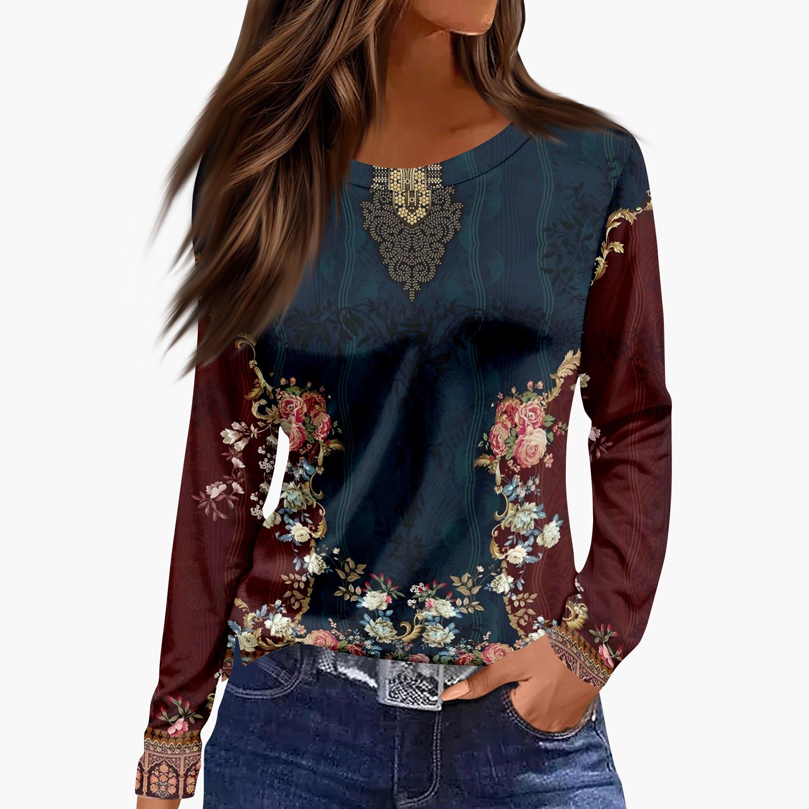 Ladies  Casual Round Neck Floral Printed Long Sleeved Shirt S