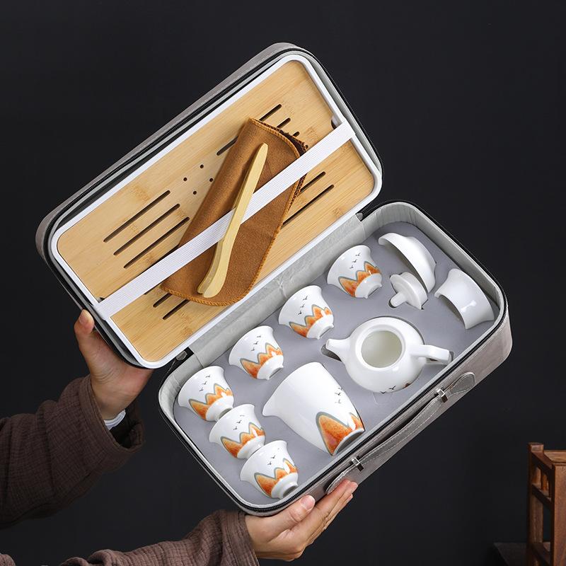

Suet jade ink Wanli mountain river cover bowl travel tea set business travel bag portable travel set tea set outdoor