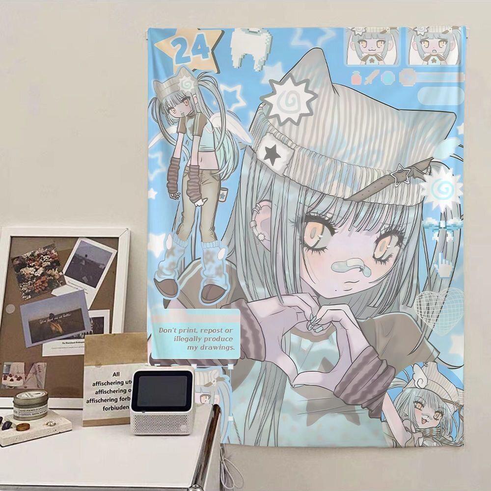 

Sweet Girl Hanging Cloth Cartoon Background Cloth Tapestry Dormitory Bedroom Bedside Decorative Wall Cloth TwoDimensional 74x94cm(29x37in)