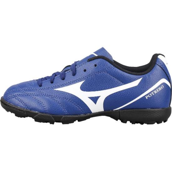 Mizuno Potrero Wide Jr. Pantofi de Fotbal pentru Copii cu Vârf Rotund, cu Șireturi, Antiderapanți, Durabili, cu Top Scund, Pantofi de Fotbal pentru Copii Albastru Alb P1GE189227