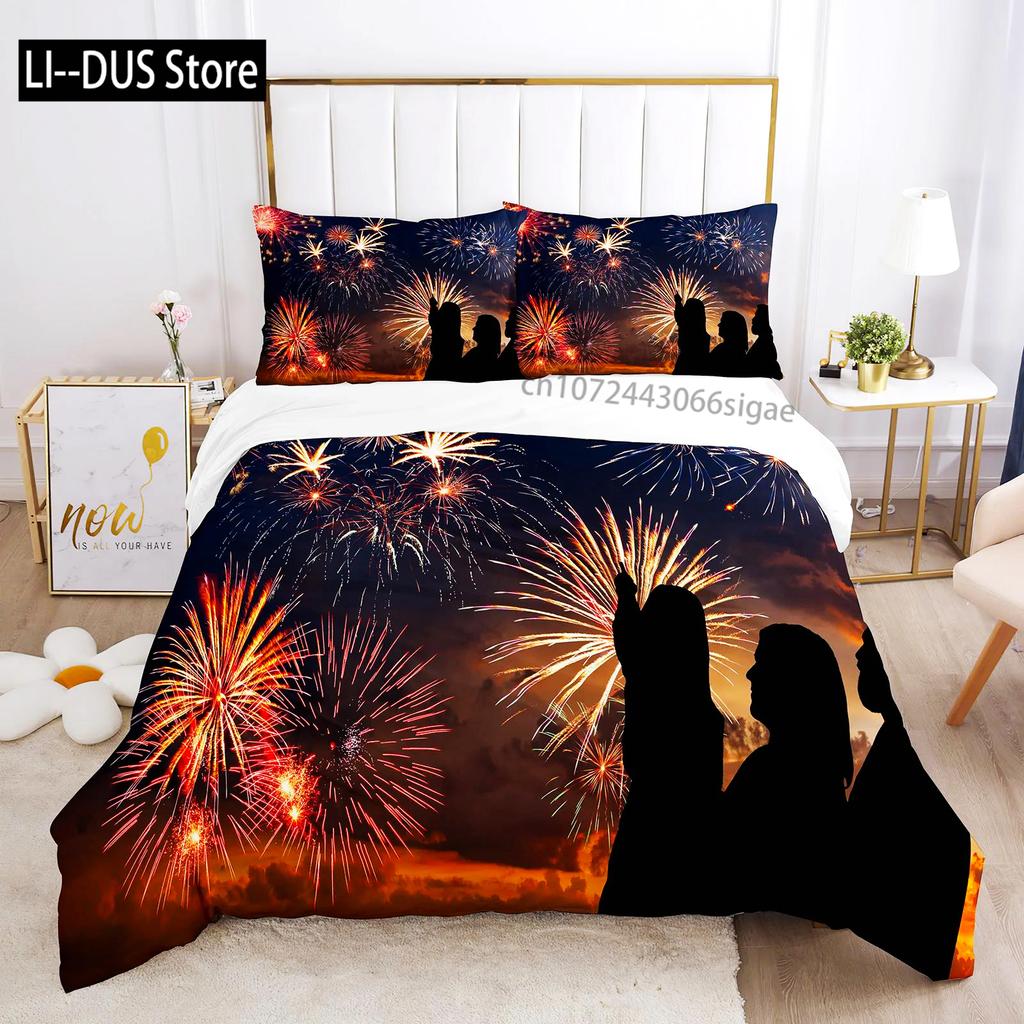 Colourful Fires Bedding Set Washed Cotton Firework Duvet Cover Queen Size Celebrate Merry Christmas Theme Soft Comforter Cover