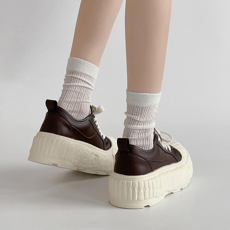 Fashion thick-soled heightening round head shell head biscuit shoes women's spring and autumn Korean version lace-up flat-bott