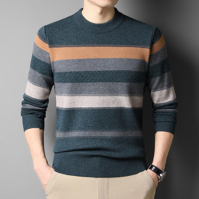 Autumn Winter New Men Sweater O-Neck Striped Contrast Color Thicken Warm Trend Fashion Loose Long Sleeve Pullovers Knitted Top