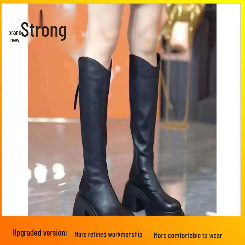 

Женские ботфорты и ботфорты выше колена на массивном каблуке и платформе с круглым носком и задней молнией, 2025 39