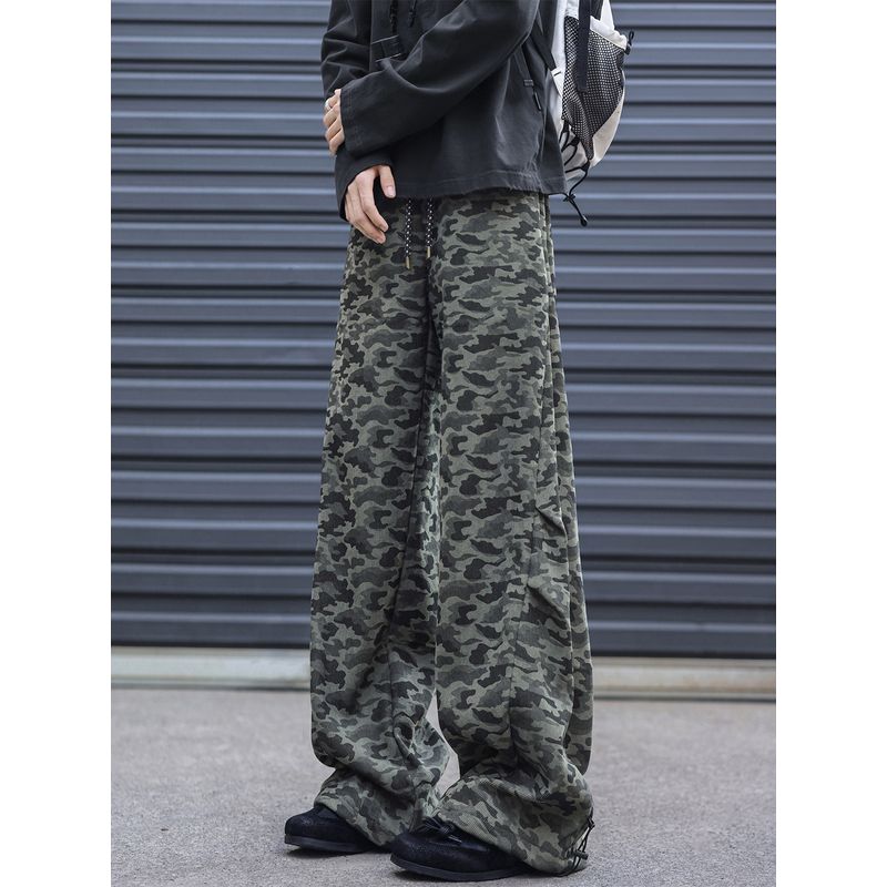 American Retro Camouflage Casual Pants for Men, Spring High Street Wide-Leg Scimitar Pants, Trendy Brand Pleated Drape Floor-Length Pants