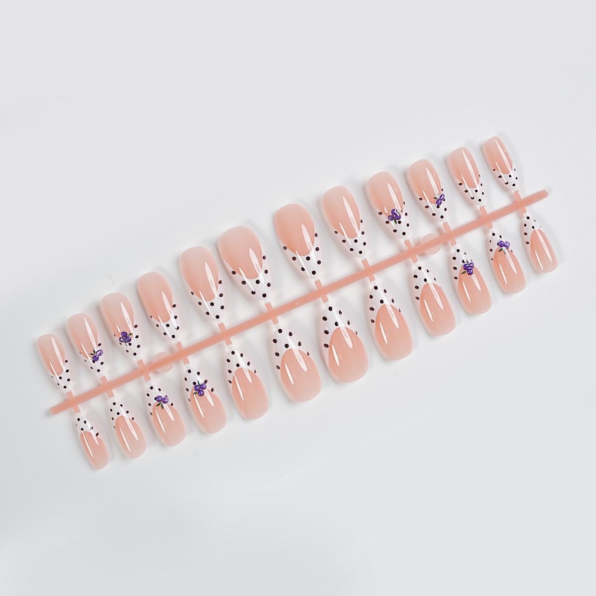 Summer French Polka Dot Blueberry & Nude Pink Almond Wearable Nails - 24 Pieces
