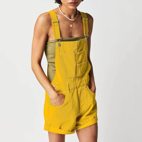 Women Suspender Jeans Denim Shorts Square Neck V-shaped Back Loose Pockets Adjustable Shoulder