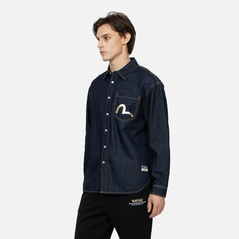 Evisu SS24 Family Flower Stitching And Kanagawa Surfing Big M Print Casual Wide Denim Shirt Men Shirts Denim-Blue 2ESHTM4DL7012RXDN