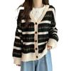 Flower Striped Woman V-neck Sweater Color Blocking Pattern Warm Women's Cardigan Korean Style New Autumn and Winter Top