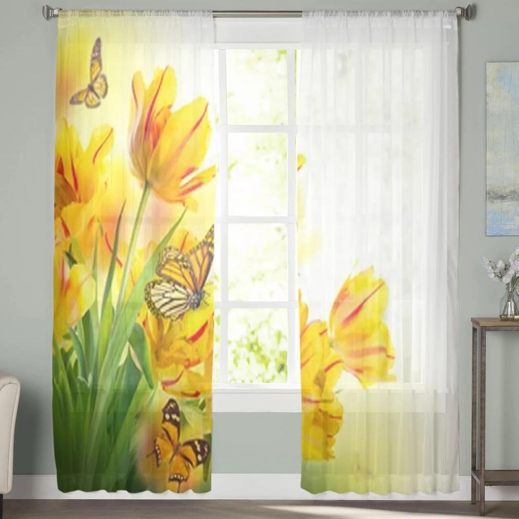 Red Tulips And Butterfly Sheer Curtains Bedroom Voile Curtain Living Room Window Sheer Curtains Kitchen Tulle Drapes