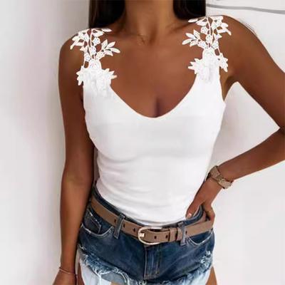 Lace Printed Monochromatic T-shirt for Women U-neck Sexy Suspender Vest Trendy Party Top Casual Lady Summer
