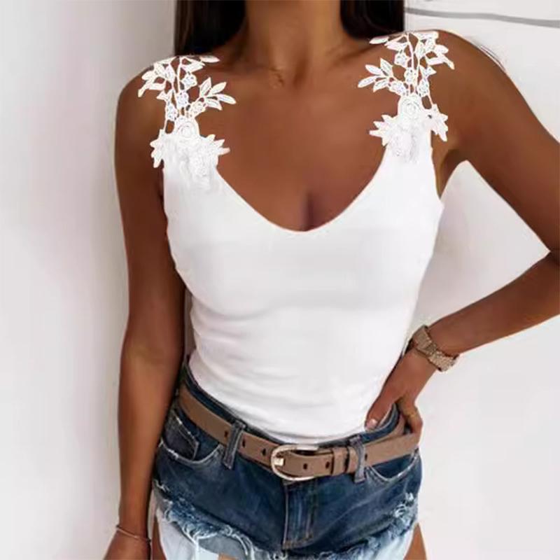 

Lace Printed Monochromatic T-shirt for Women U-neck Sexy Suspender Vest Trendy Party Top Casual Lady Summer XXXL