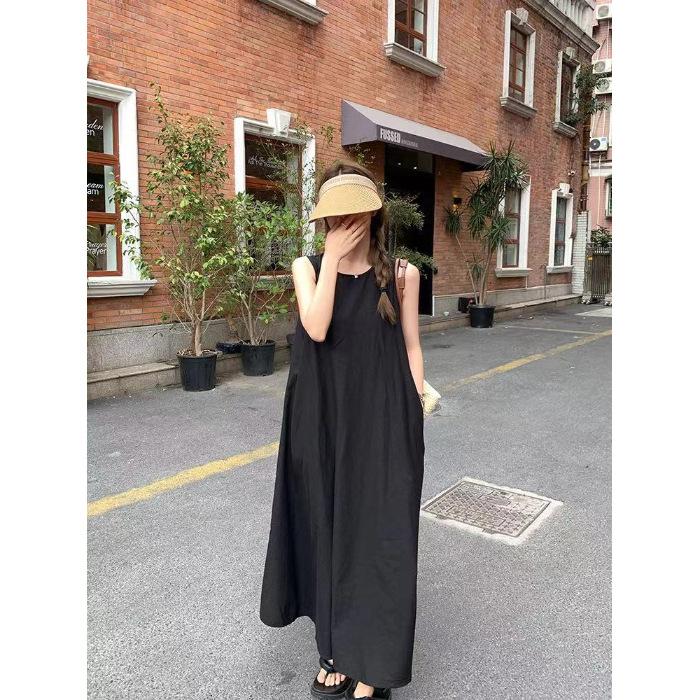 

Temperament sleeveless outing dress women s summer loose back hollow design round neck long vest skirt 2XL чорний