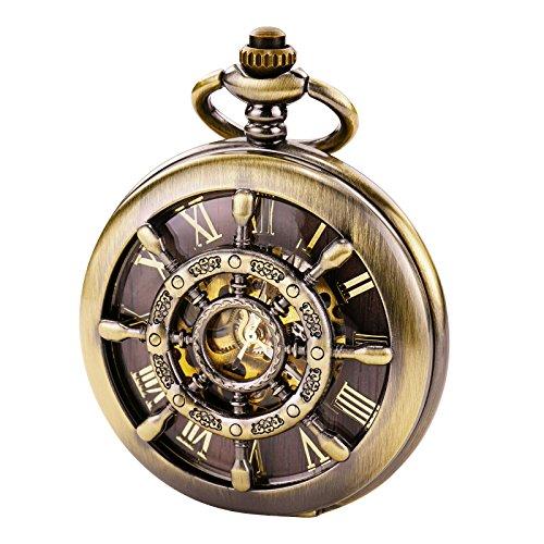 

TREEWETO Bronze Double-Cover Roman Numeral Dial Skeleton Pocket Watch for Men and Women