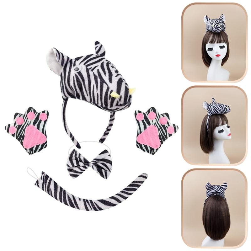 1/3/4 Zebras Costume for Kids Boys Girls Zebras Ears Headband Bowtie Tail Gloves Halloween Animal Cosplay Accessories