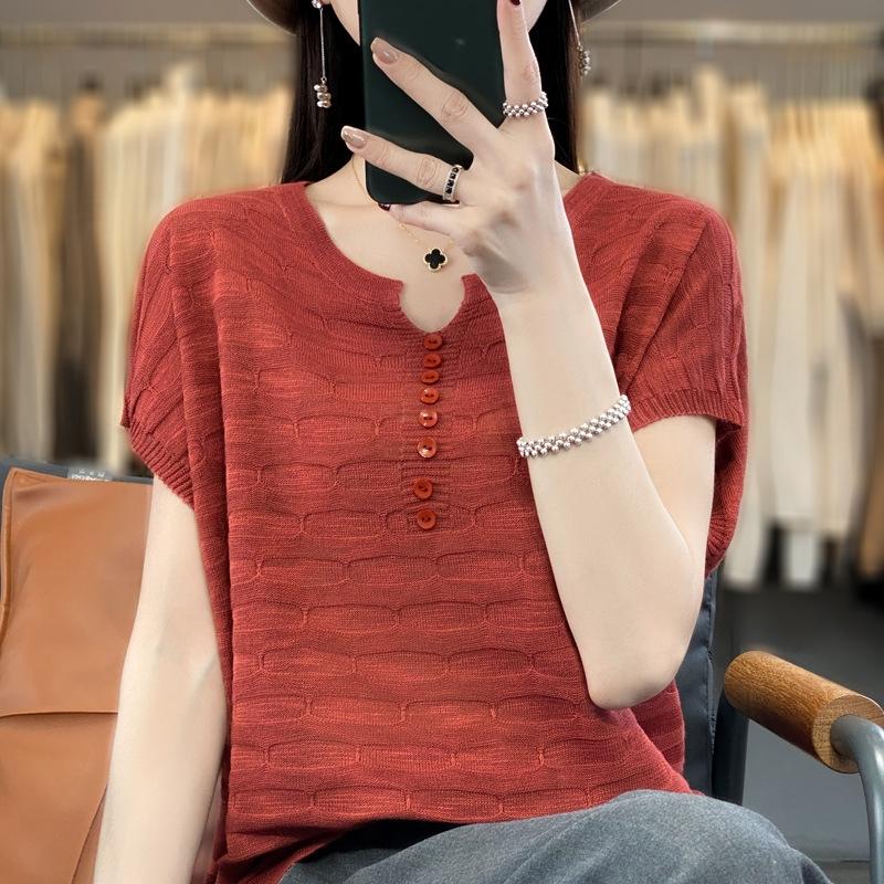GMXIA Linen Ice Silk Top, Solid Color Knitted Sweater, Summer Slimming, Large Size, Round Neck, Thin Sheer Mesh
