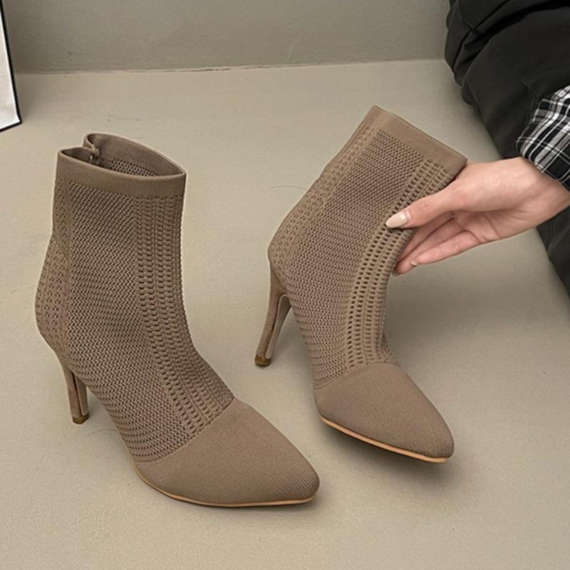 Women's Fashion Knit Mesh Breathable Short Thigh Boots Fall New Pointed Toe Pullover Foot Non-Slip Stiletto Heels