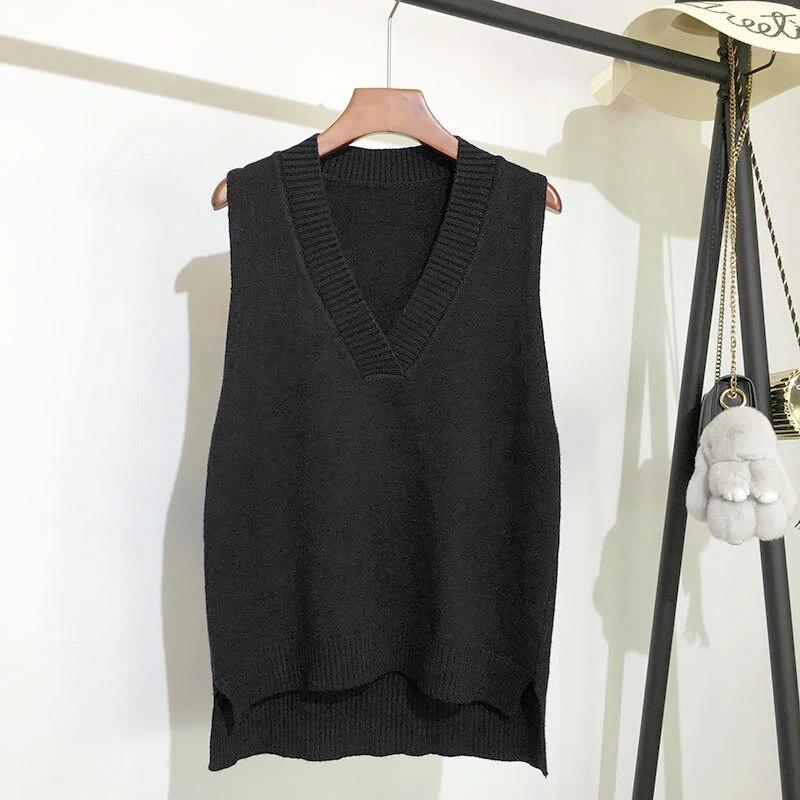 V-neck Knitted Vest Womens Sweater Autumn And Winter 2023 Vinatge Loose Pullover Women Vest Sleeveless Sweaters Fashion 11810