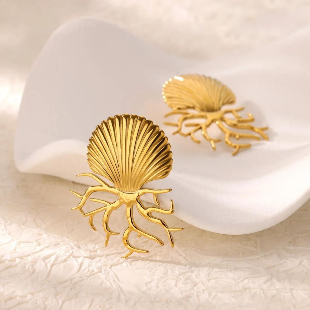 Exaggerated Shell Earrings For Women Gold Color Stainless Steel Shell Earring Summer Ocean Jewelry Gift BFF