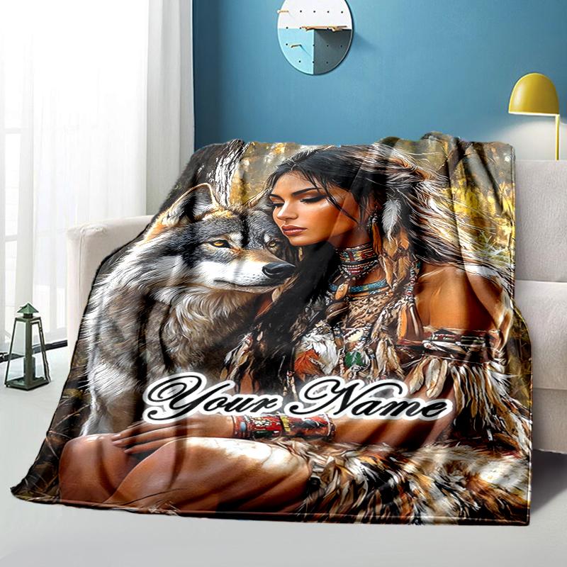 1PC Custom Name Wolf Native Beauty flannel blanket versatile,all-season throw suitable for the living room,bedroom,camping,travel,and gift
