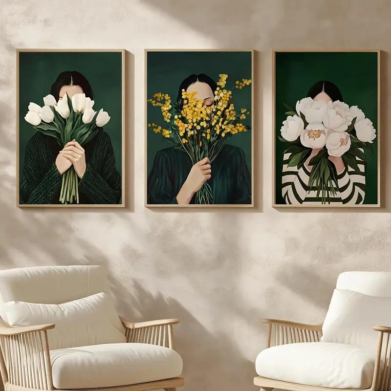 Stampa su Tela con Figure Astratte Verdi e Donna Fiore Ritratto Femminile Minimalista Japandi Poster Artistico per Decorazione Soggiorno Moderno