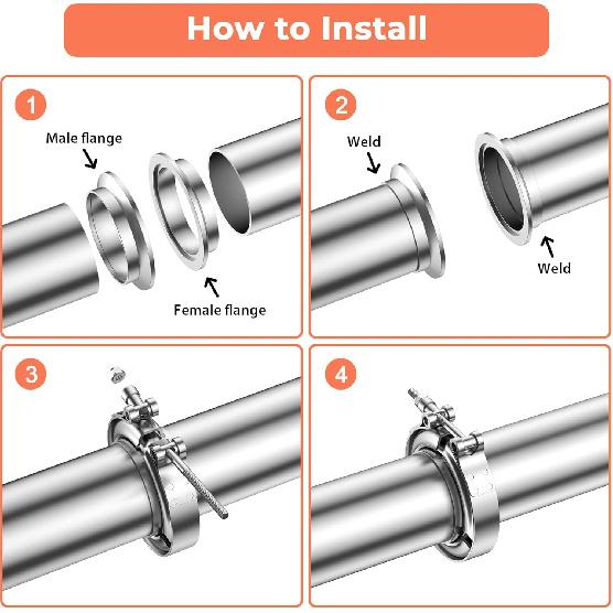 1.75 Inch V Band Clamp With Flange Male Female, 304 Stainless Steel V-Band Flange Kit For Turbo, Downpipes, Exhaust Systems