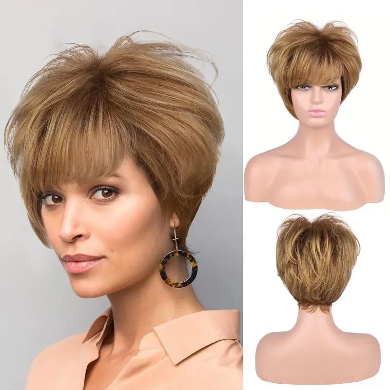 Ladies Layered Wig With Bangs Short Blonde Brown Linen Wigs for Women Synthetic Hair Daily Cosplay Party Wig Heat Resistant Fibre Wig