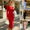 Party Dress Casual Women's Cocktail Bodycon Midi Dress Long Sleeve 3D Retro Style Flower Ruched Formal Wedding Guest Evening Gown Loose