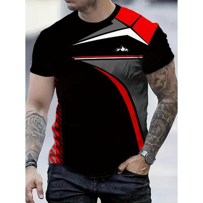 Black and Red Contrast Geometric Lines 3D Print Men's T-shirt, Loose, Comfortable, Casual, Breathable, Quick-dry