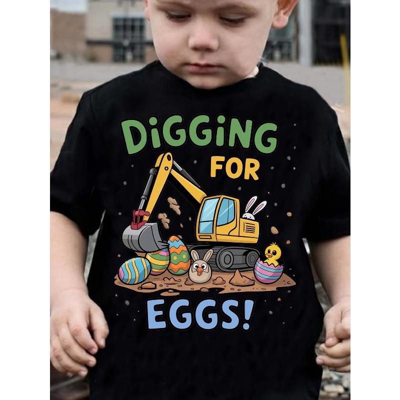 European sizes Easter WML Boys "Digging for Eggs" Fashion Egg Digger Print Casual Spring/Summer Short Sleeve T-Shirt