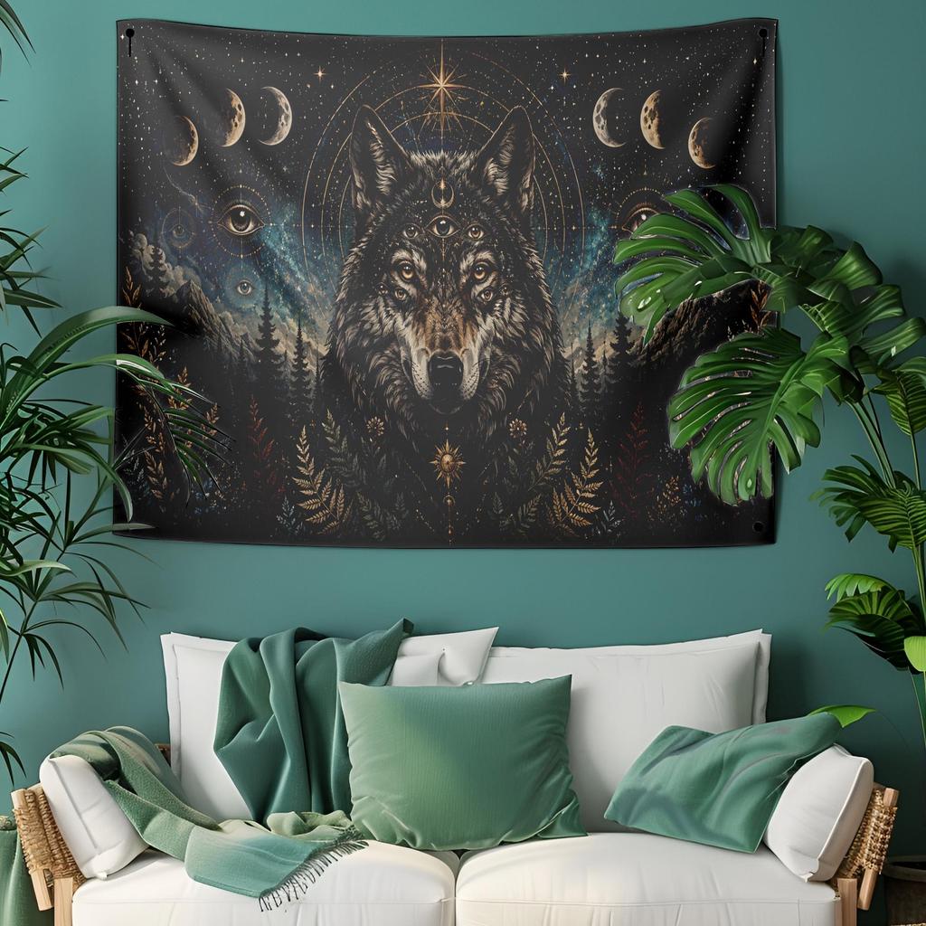 Cosmic Wolf Tapestry Many Eyed Wolf Wall Hanging Moon Phase Celestial Decor Mystical Forest Witchy Dark Academia Wall Art