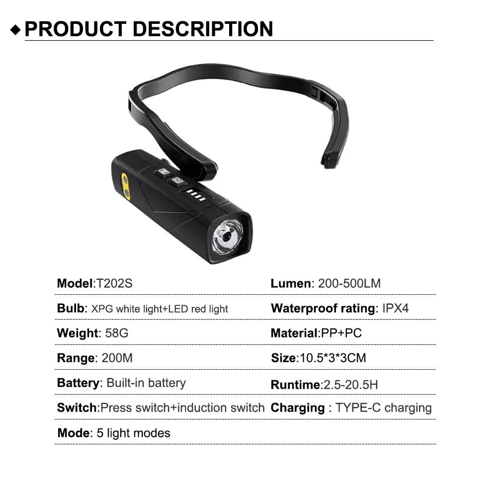 Induction LED Headlamp  Ear Hook Lightweight Waterproof Hands-Free Flashlight for Fishing Cycling Running Camping Hiking