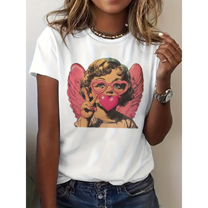 European Size Cupid Print T-shirt, Short Sleeve Crew Neck Casual Top for Summer & Spring, Women's Clothing, Valentines Day, Vintage Graphic