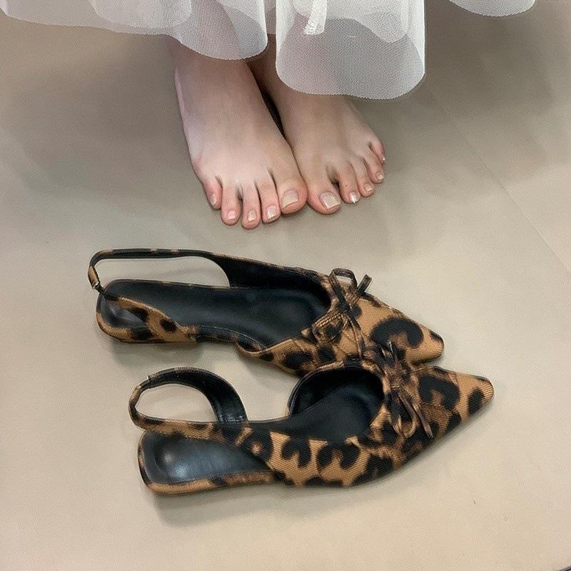 Trendy Pointed Wrinkled Bow Bag Head Sandals Women's Summer Slope Heel Empty Single Shoes