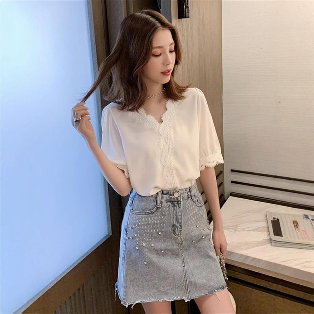 Camisa de mujer Tops cómodos y versátiles Camisa elegante de gasa blanca Camisa de manga corta de moda Camisa de encaje de súper hada Top elegante de moda con temperamento