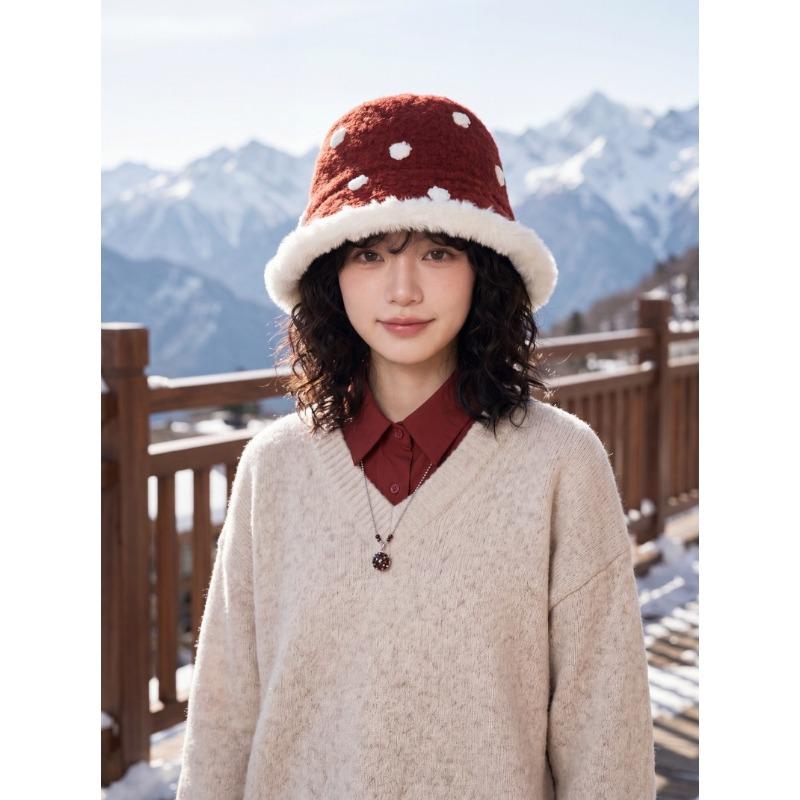 Women S Warm Fleece Knit Bucket Hat Polka Dot Korean Style Fashionable Hat