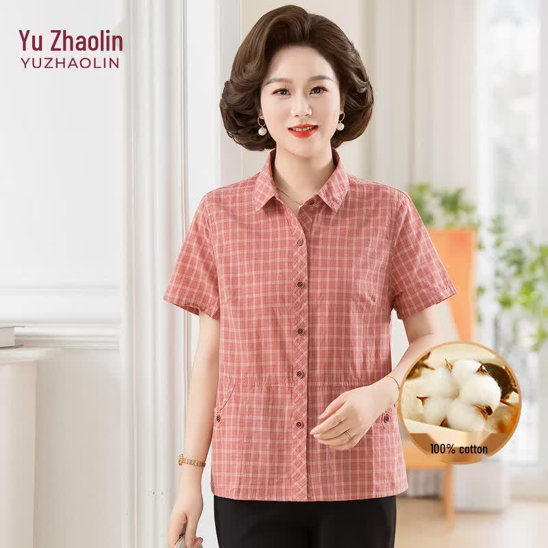 YUZHAOLIN Women s Plaid 100% Cotton Short Sleeve Cardigan Shirt 3XL