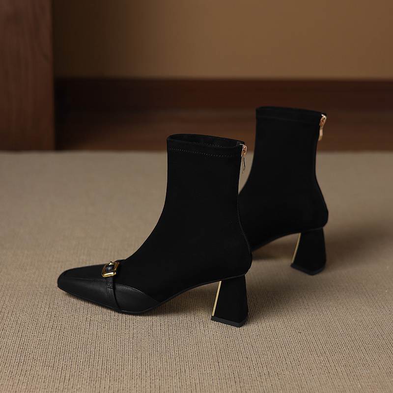 Krazing Pot Flock Cow Skin Square Toe Thick Heels Chelsea Boots Size 42 Beauty Lady Women Metal Buckle Ankle Boots
