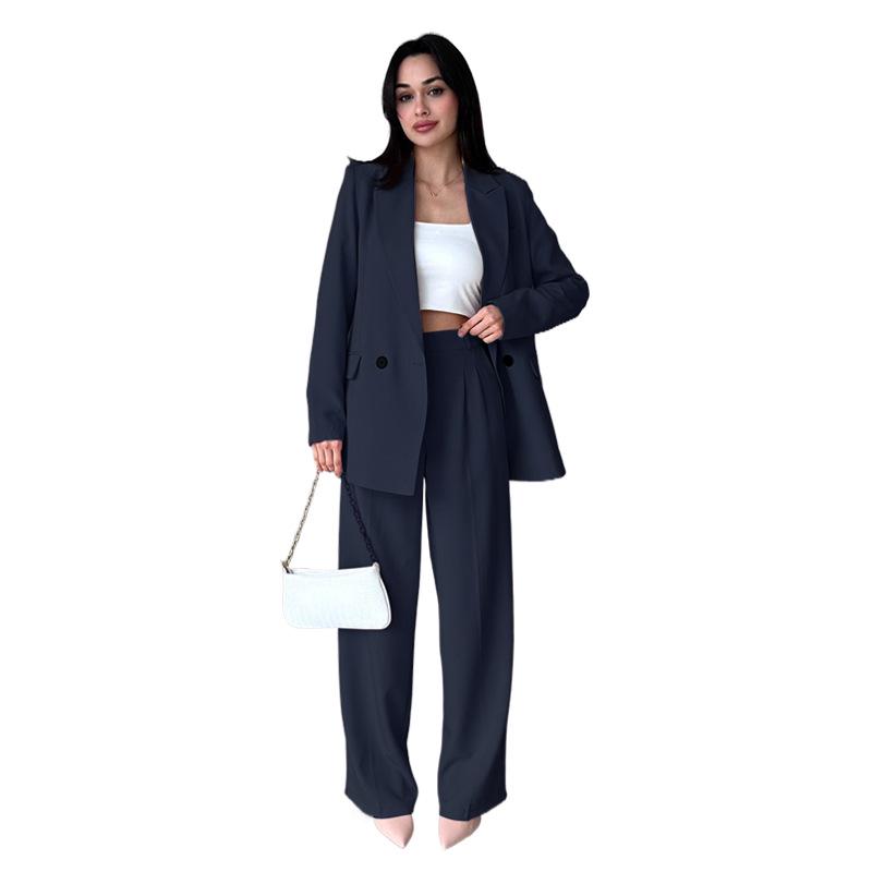 

Spring & Autumn European & American Women s High-End Solid Color Suit with Fashionable Long Pants Double Extra Large темно-синий