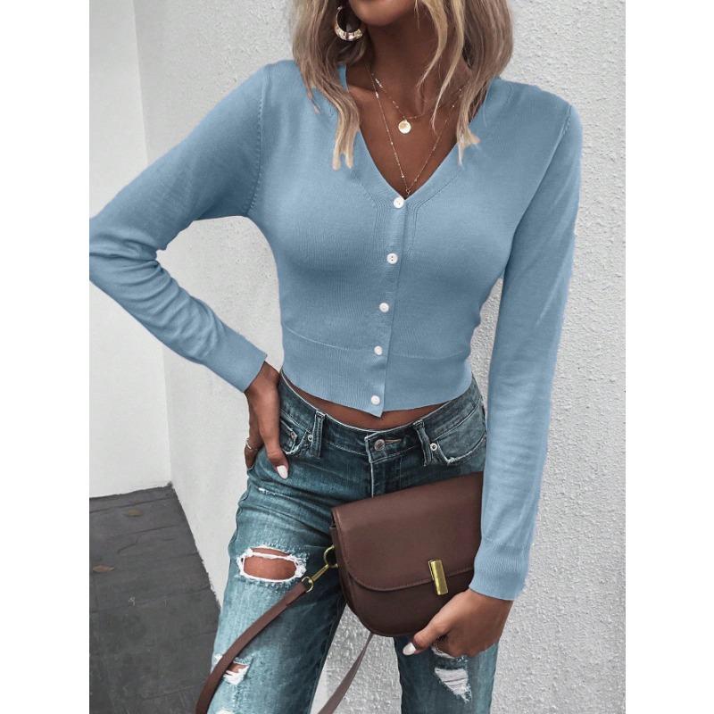 

Жіночі модні повсякденні весняно-осінні однотонні блузки та сорочки з довгим рукавом і V-подібним вирізом із принтом YYFS L