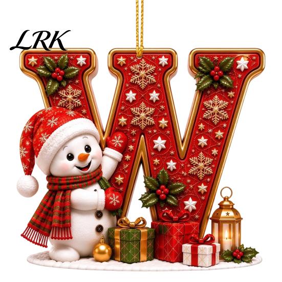 Decorative Gift Tags Cute Snowman Letter Christmas Ornament, 2D Flat Personalized A-Z Alphabet Tree Ornaments Acrylic Hanging Pendant for Xmas