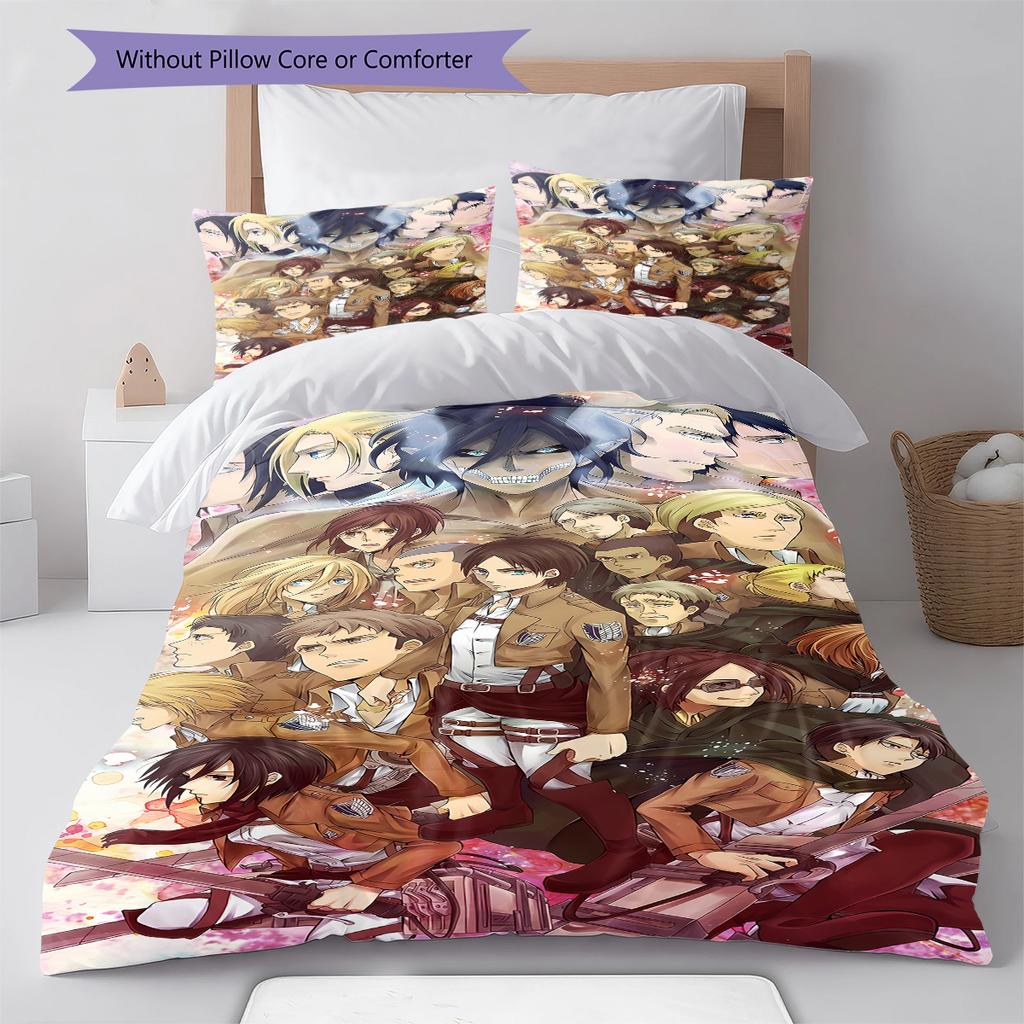 Attack On Titan Pattern Bedding,Quilt Set Quilt Cover Pillowcase Home Birthday Gift (1 * Duvet Cover + 2 * Pillowcase, Without Core)