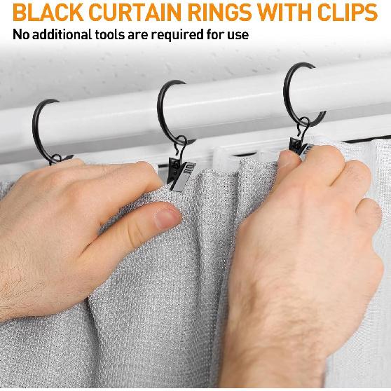 26 PCS Curtain Rings with Clips, Curtain Hooks for Drapes, Curtain Clips with Rings 1.26” Interior Diameter, Black Curtain Rings Fit Up To 1 Inch