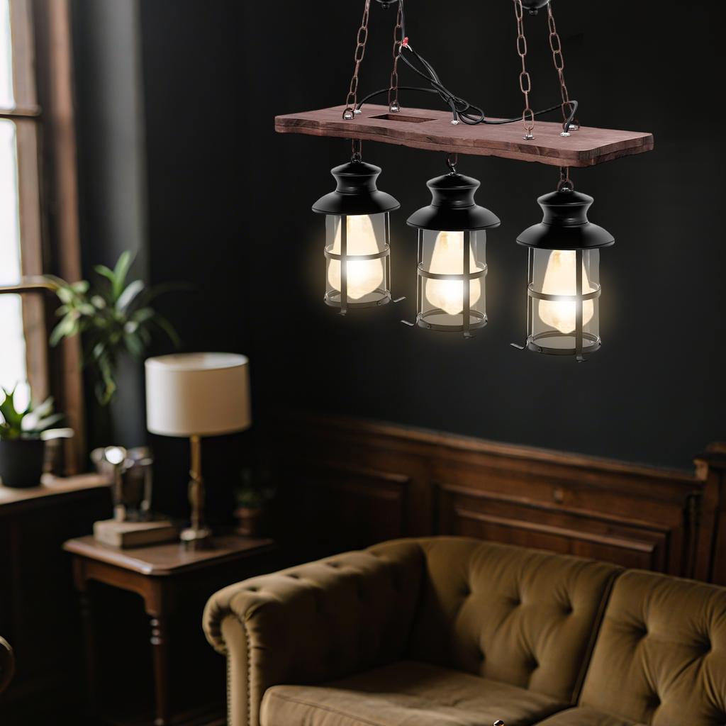 Vintage Industrial 3-Light Pendant Lamp, Rustic Wood & Iron Chandelier for Cafe,Bar,Restaurant – E26/E27 Base, No Bulbs Included