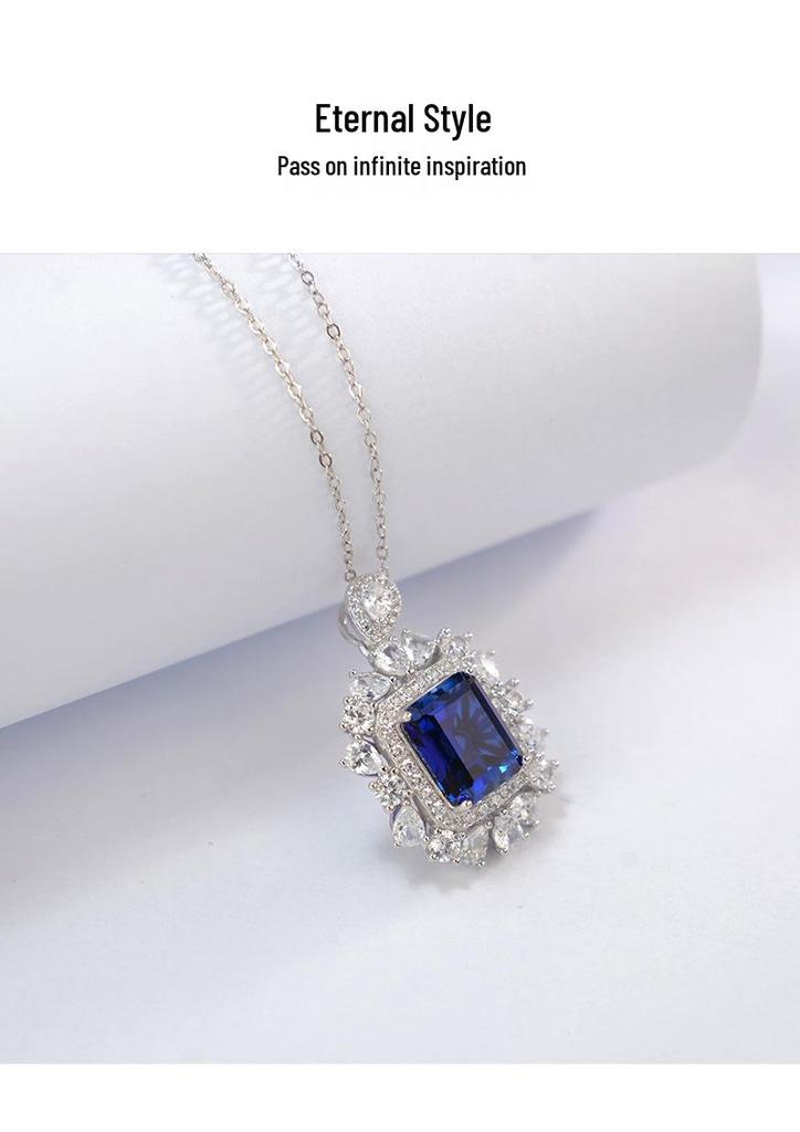 S925 Sterling Silver Square Sapphire Necklace for Women, Unique Retro Design, Fashionable Light Luxury Feel