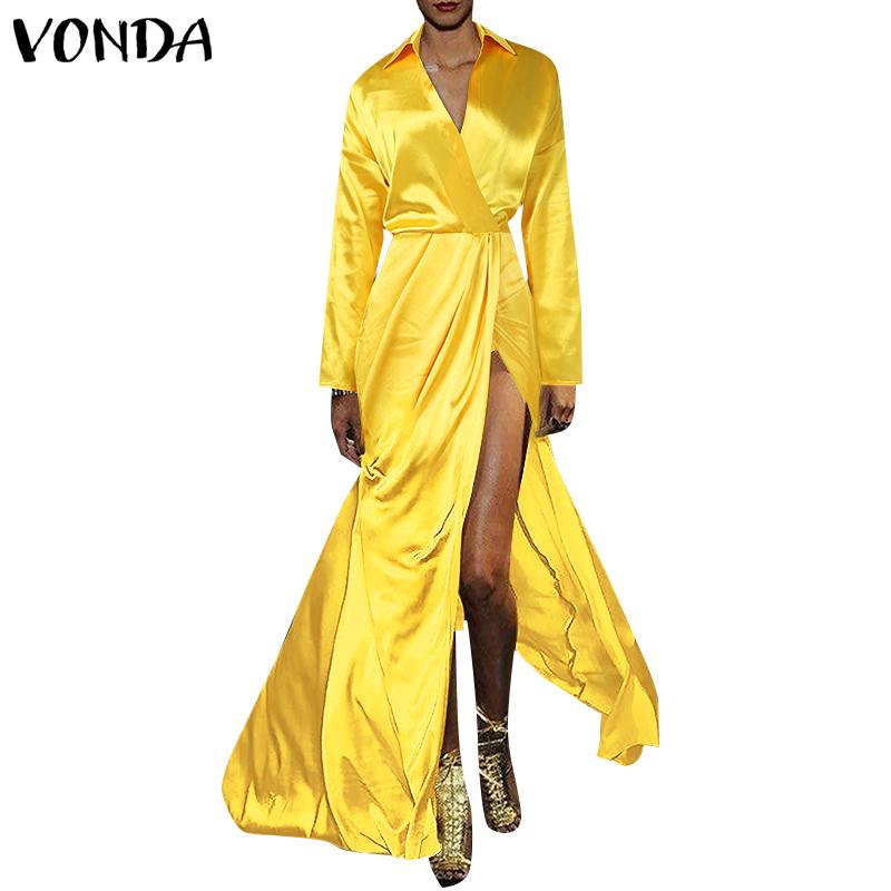 VONDA Women Long Sleeve Front Cross Lace-up Slit Satin Maxi Long Shirt Dress