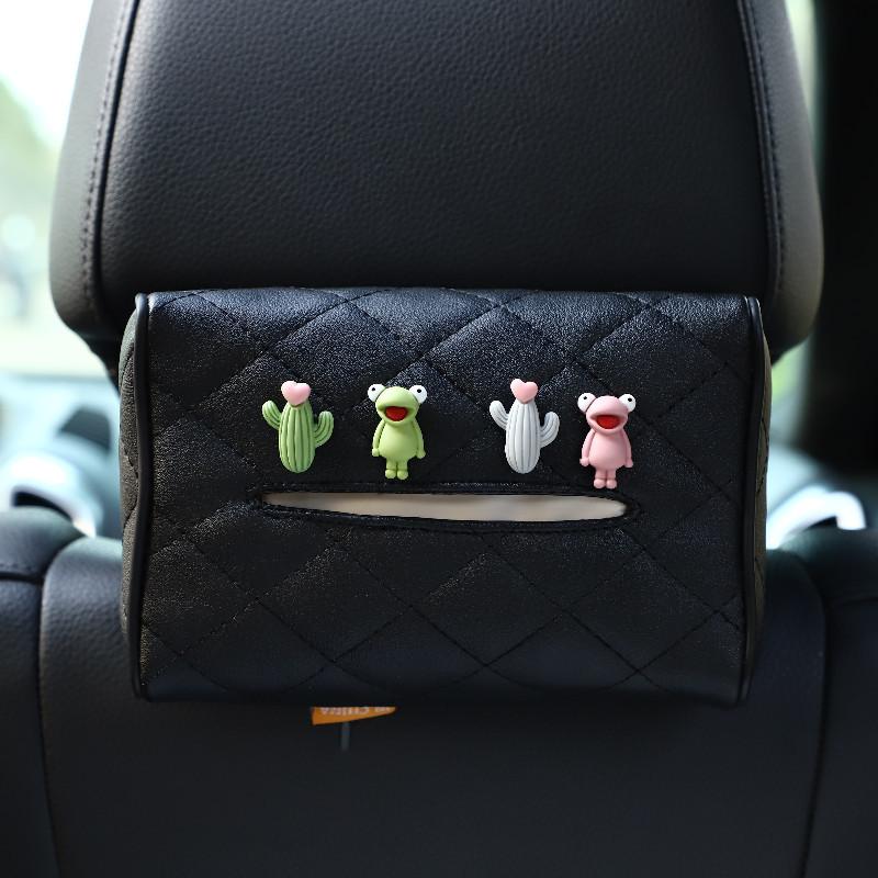 Leather Car Tissue Box Cartoon Cute Car Seat Back Hanging Drawout Box Multifunctional Armrest Box