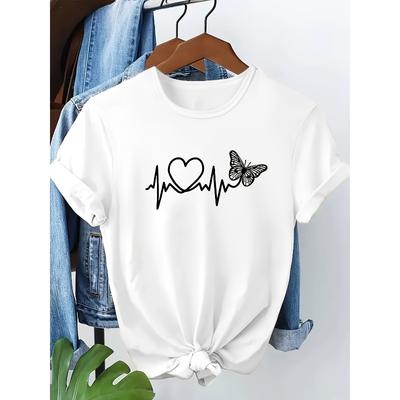 Women's Heart Butterfly Print Tee Round Neck Short Sleeve Spring Summer Autumn European American Casual Elegant Comfort Top