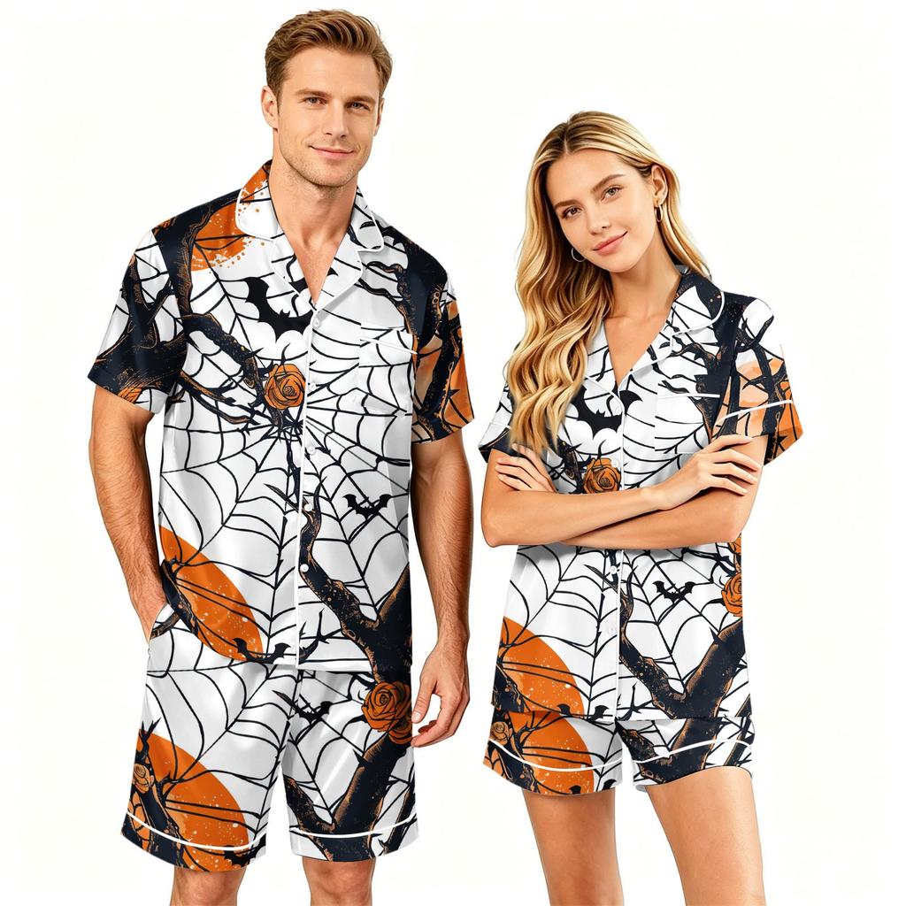 Couple Matching Halloween Pajama Set Short Sleeve Button Down Shirt with Curved Hem and Shorts Soft Casual Sleepwear S To XXXXL